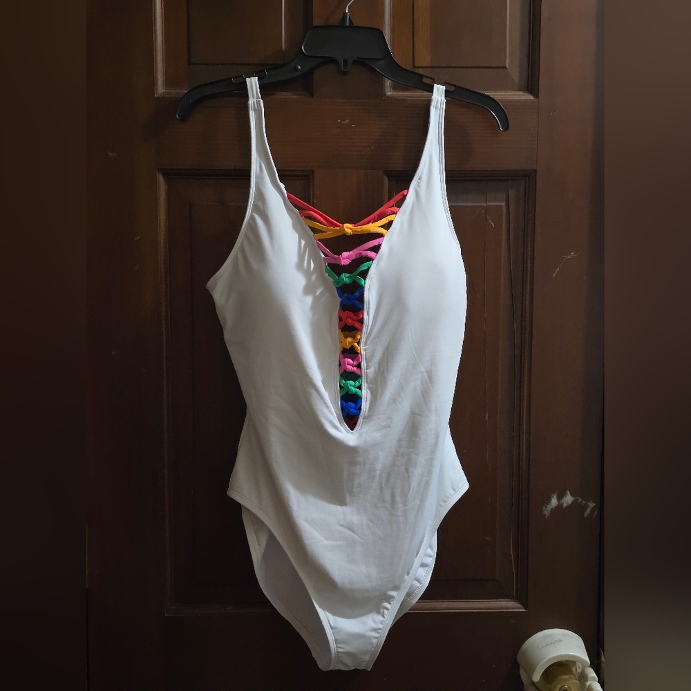 White Swimsuit with Colorful Lace-Up Detail